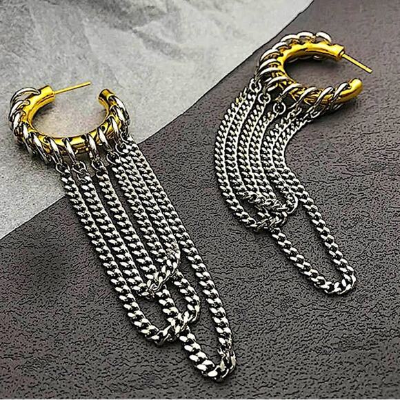 Two Tone Chain Hoop Link Earrings Gold and Silver Punk Retro Y2K - Picture 4 of 6
